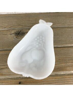 Hazel Atlas Milk Glass Pear Dish 8 1/8" Embossed Fruit & Floral Design Vintage
